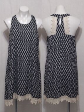 Basil Lola Black Floral Crochet Trim A-Line Racerback Dress Medium Flowy Chic